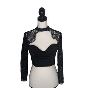 Show Lai Black Long Sleeve Lace Crop Top Large
